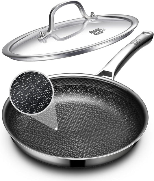 Non Stick Frying Pans 12 Inch, Hybrid Frying Pans Nonstick with Lid,Non Stick Stainless Steel Skillets, Dishwasher and Oven-Safe Chef Pan, PFOA Free Cookware