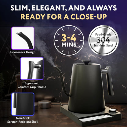 APQ Gooseneck Electric Kettle 30 Oz. Auto Shut-Off Black 1200 W Temperature Control 0.9 L Rapid Heating with LED Display