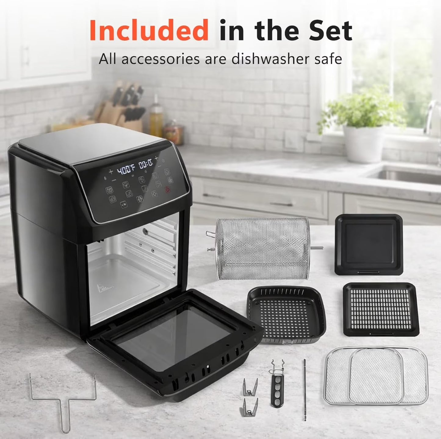 12 QT Air Fryer Toaster Oven, View Windows and Timer with 10 Preset Cooking Modes, MAX 400℉ for Crispy, 85% Less Oil, Fast Roast, Preheat, Shake, Bake