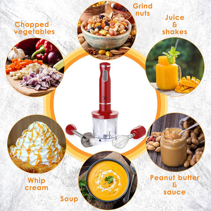 Electric Hand Blender Set, 300W Immersion Hand Blender with Whisk and Chopper, Stainless Steel Shaft and Blades, 2-Speed Handheld Mixer with Ergonomic Grip, Red