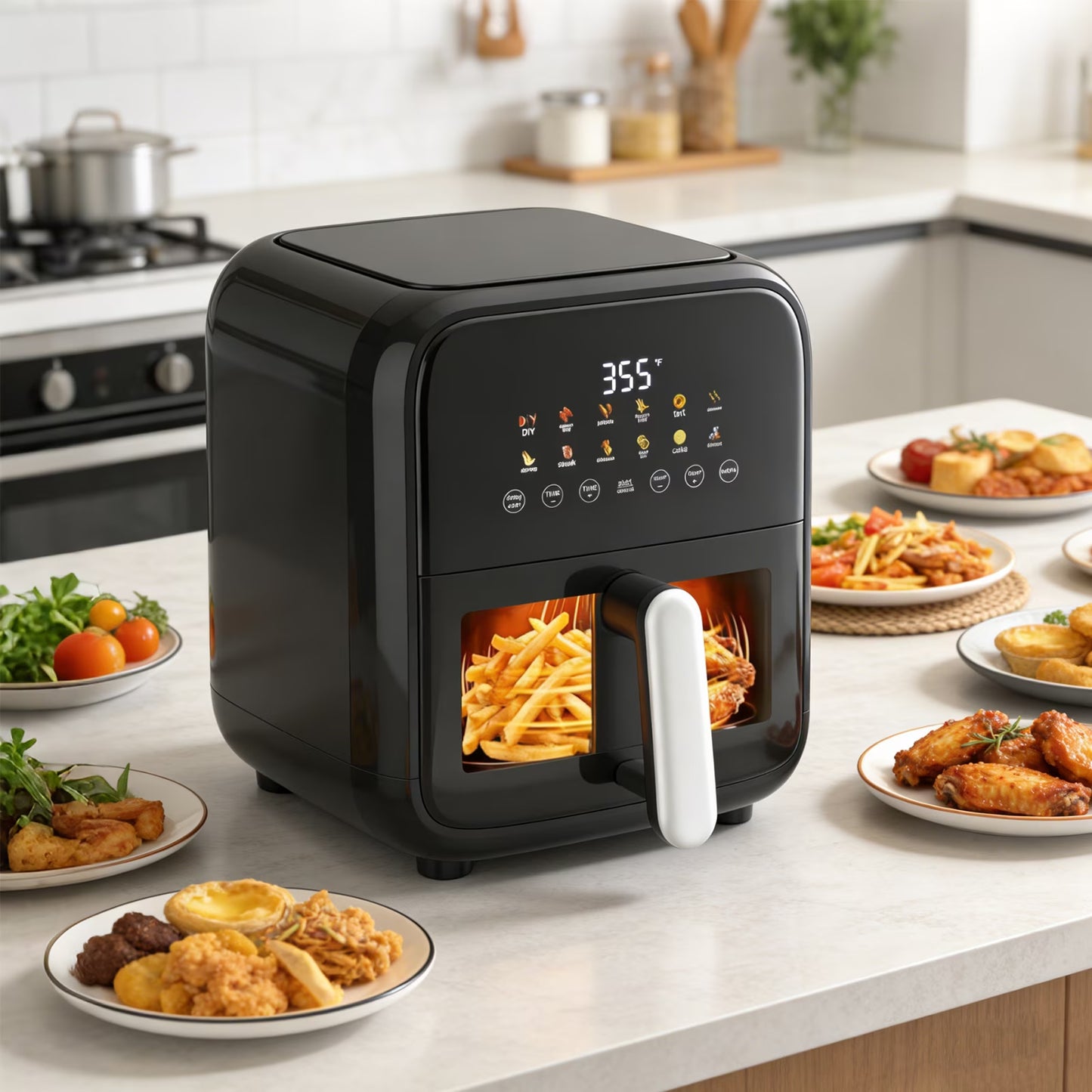12 QT Air Fryer Toaster Oven, View Windows and Timer with 10 Preset Cooking Modes, MAX 400℉ for Crispy, 85% Less Oil, Fast Roast, Preheat, Shake, Bake
