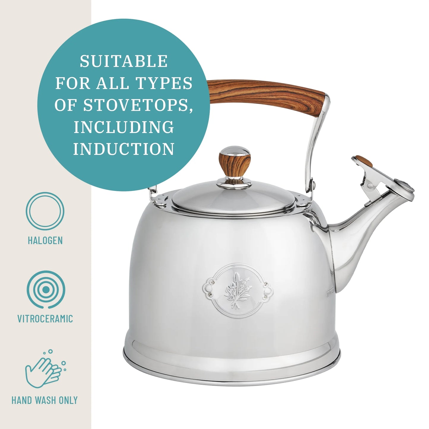 1.8 Qt Stainless Steel Stovetop Whistling Tea Kettle Pot with Folding Handle, Silver