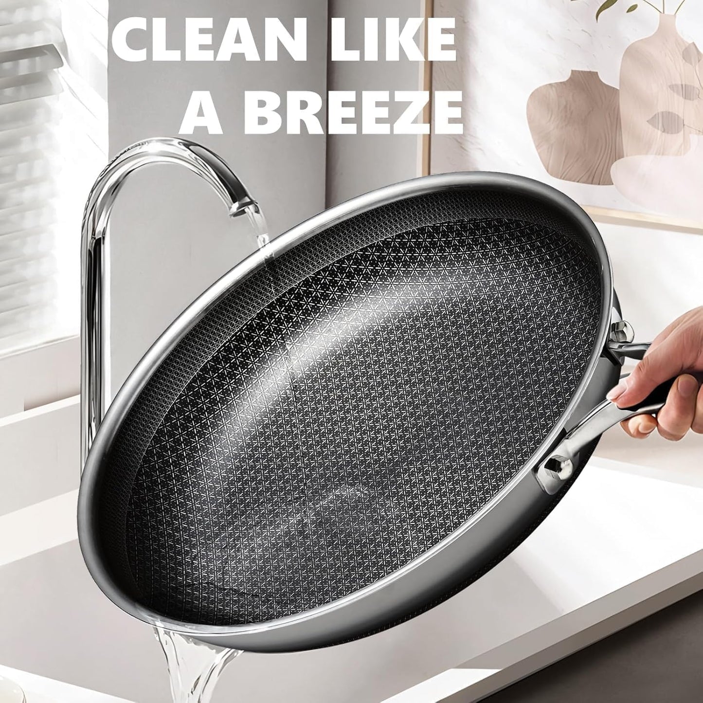 Non Stick Frying Pans 12 Inch, Hybrid Frying Pans Nonstick with Lid,Non Stick Stainless Steel Skillets, Dishwasher and Oven-Safe Chef Pan, PFOA Free Cookware