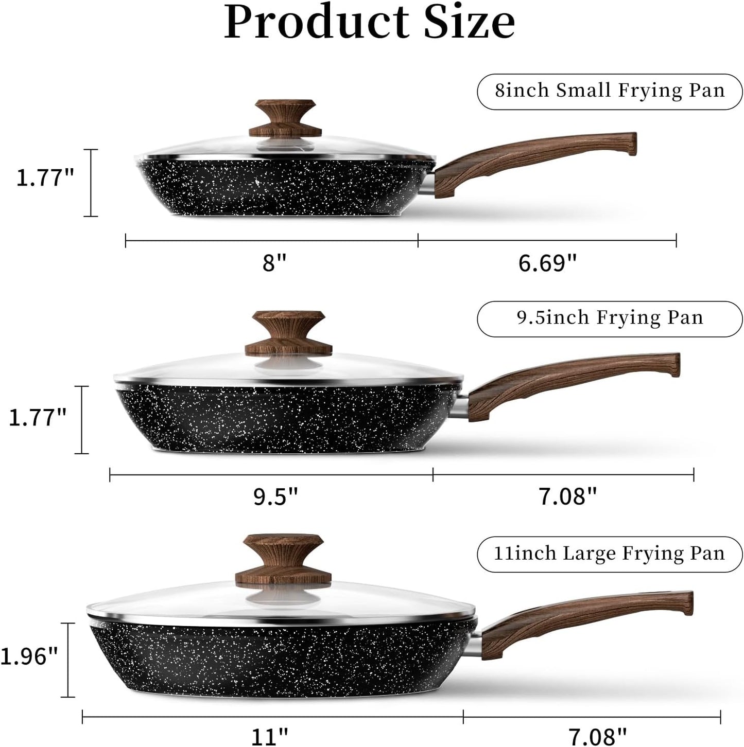 Frying Pan Set - 3 Pcs Nonstick Skillets with Lids, PFOA Free, Induction Compatible, Black