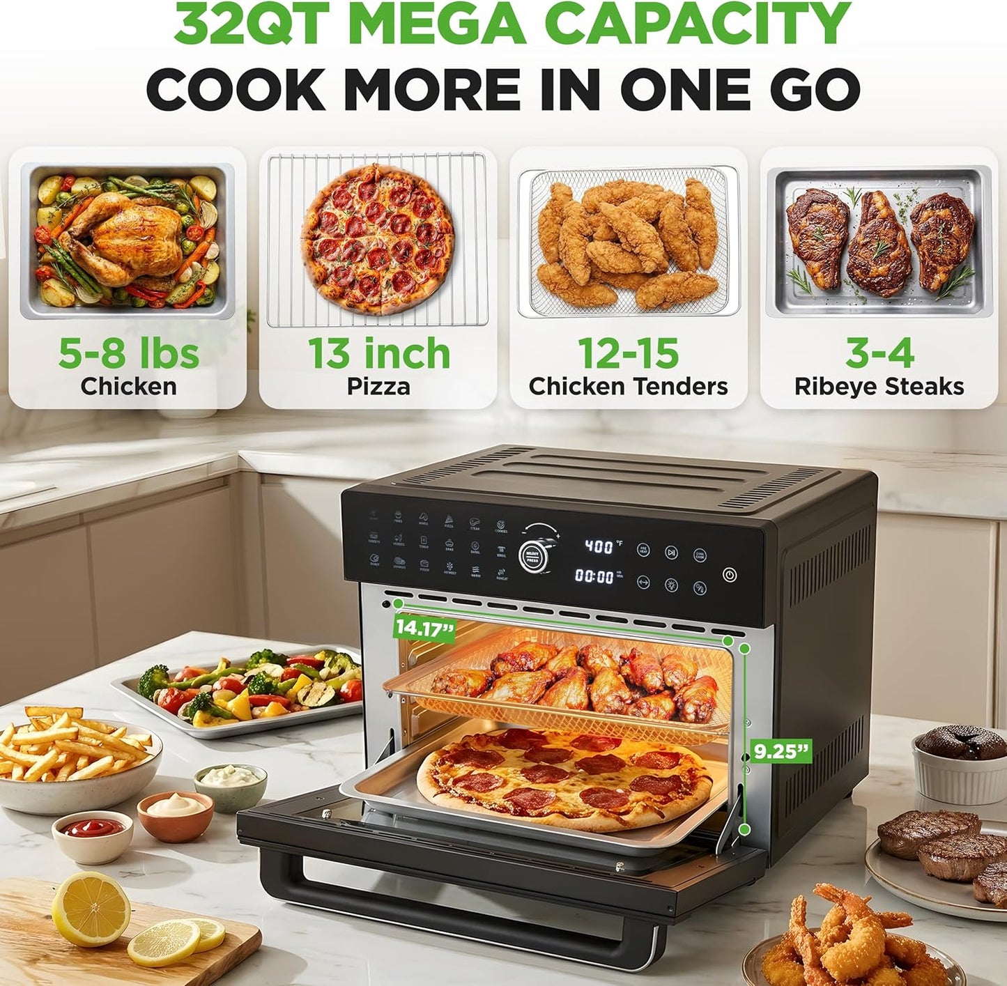 32 Quart Air Fryer & Oven | Digital Airfryer with 20 Presets, Dual Cook, Rotisserie, Bake & More | Multi-Function Convection Countertop Oven | Large Capacity | 18" X 17" X 14 | Black