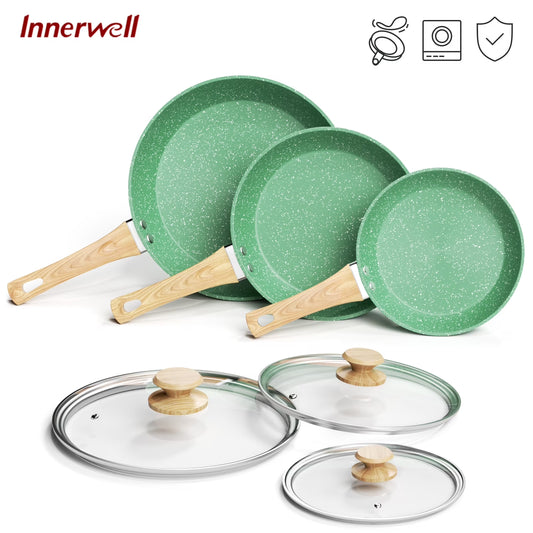 6 Pcs Nonstick Frying Pan Set White with Lids Granite Cookware Healthy Cookware Induction Skillet