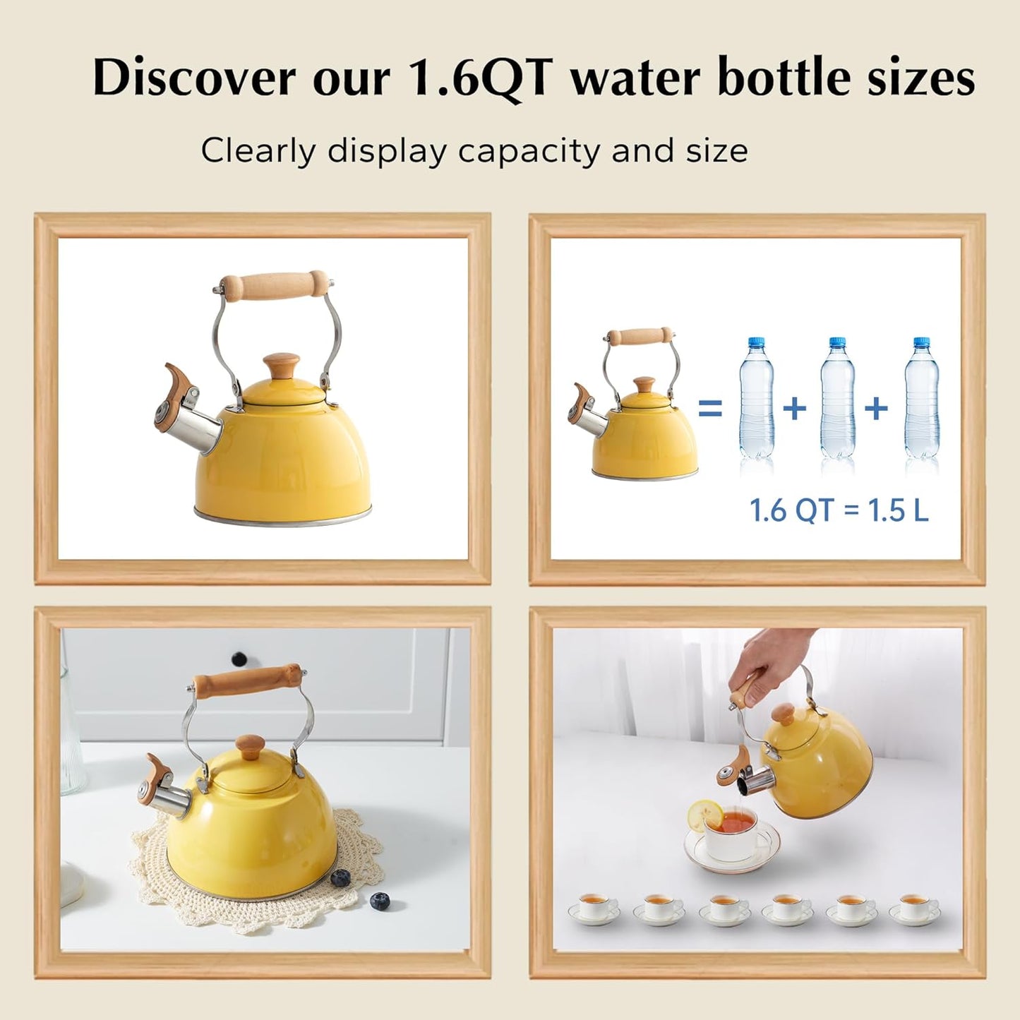 Tea Kettle, Tea Pot with Cool Touch Ergonomic Handle, Teapot Food Grade Stainless Steel, Tea Kettle Stovetop, Kettle Teapot, Whistling Tea Kettle, Small Tea Kettles, 1.6 Quart (Yellow)