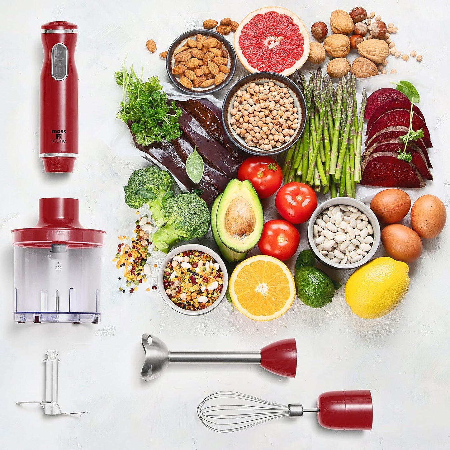 Electric Hand Blender Set, 300W Immersion Hand Blender with Whisk and Chopper, Stainless Steel Shaft and Blades, 2-Speed Handheld Mixer with Ergonomic Grip, Red