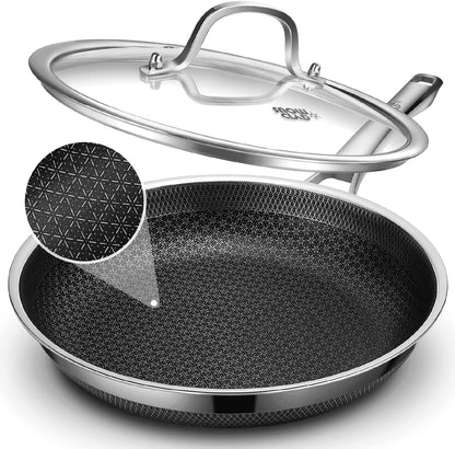 Non Stick Frying Pans with Lid, 12 Inch Nonstick Hybrid Stainless Steel Skillets, Dishwasher Induction Oven Broiler Safe, Non Toxic Chef'S Pan
