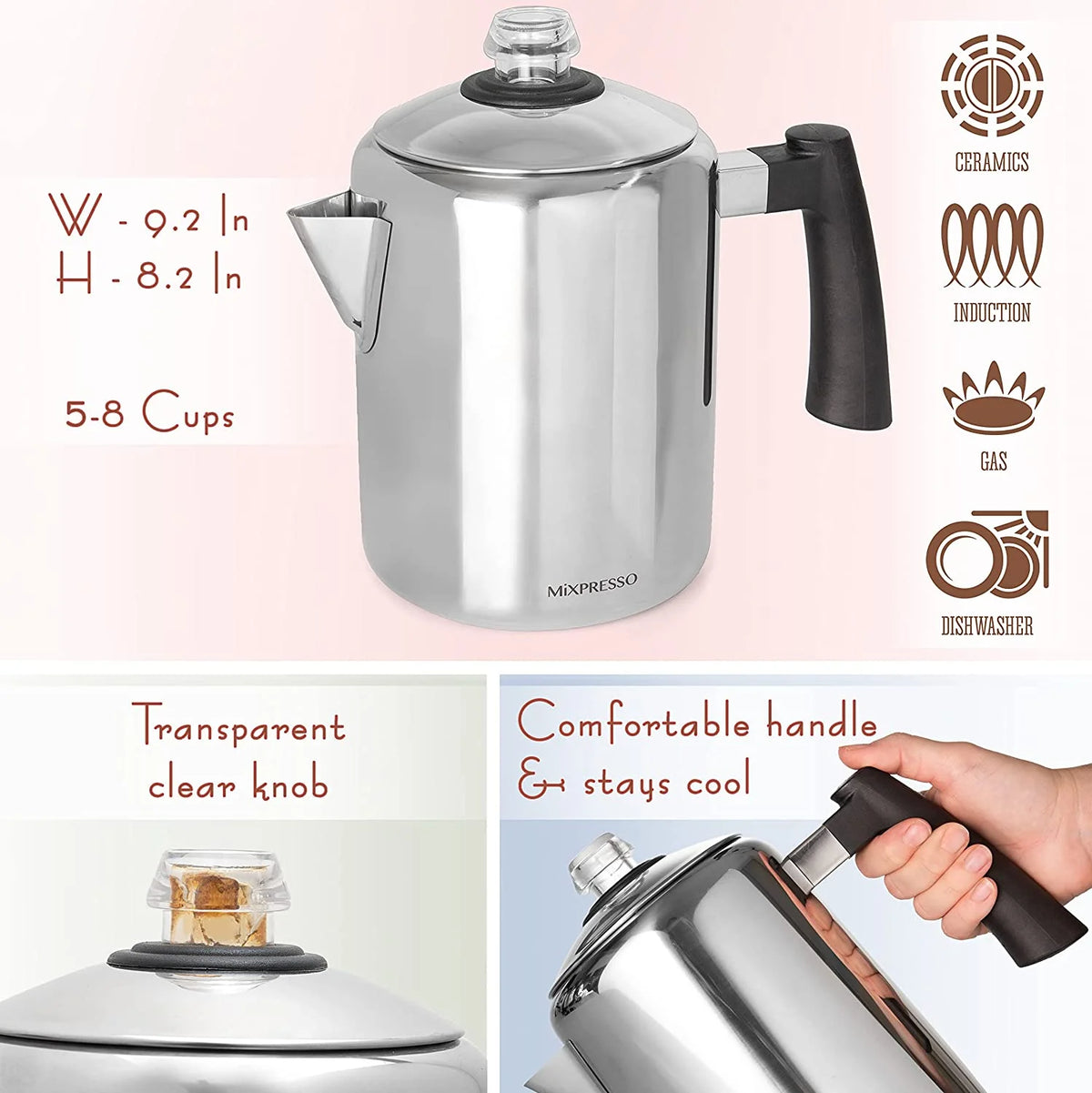 Stainless Steel Coffee Percolator Stovetop, Percolator Coffee Pot, Excellent for Camping Coffee Pot, 37Oz 5-8 Cup Stove Top Coffee Maker, Stainless Steel Coffee Percolator