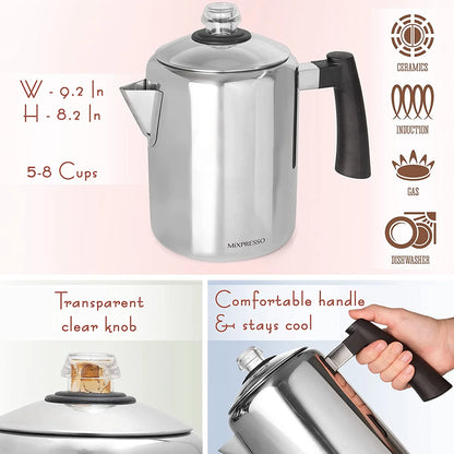 Stainless Steel Coffee Percolator Stovetop, Percolator Coffee Pot, Excellent for Camping Coffee Pot, 37Oz 5-8 Cup Stove Top Coffee Maker, Stainless Steel Coffee Percolator