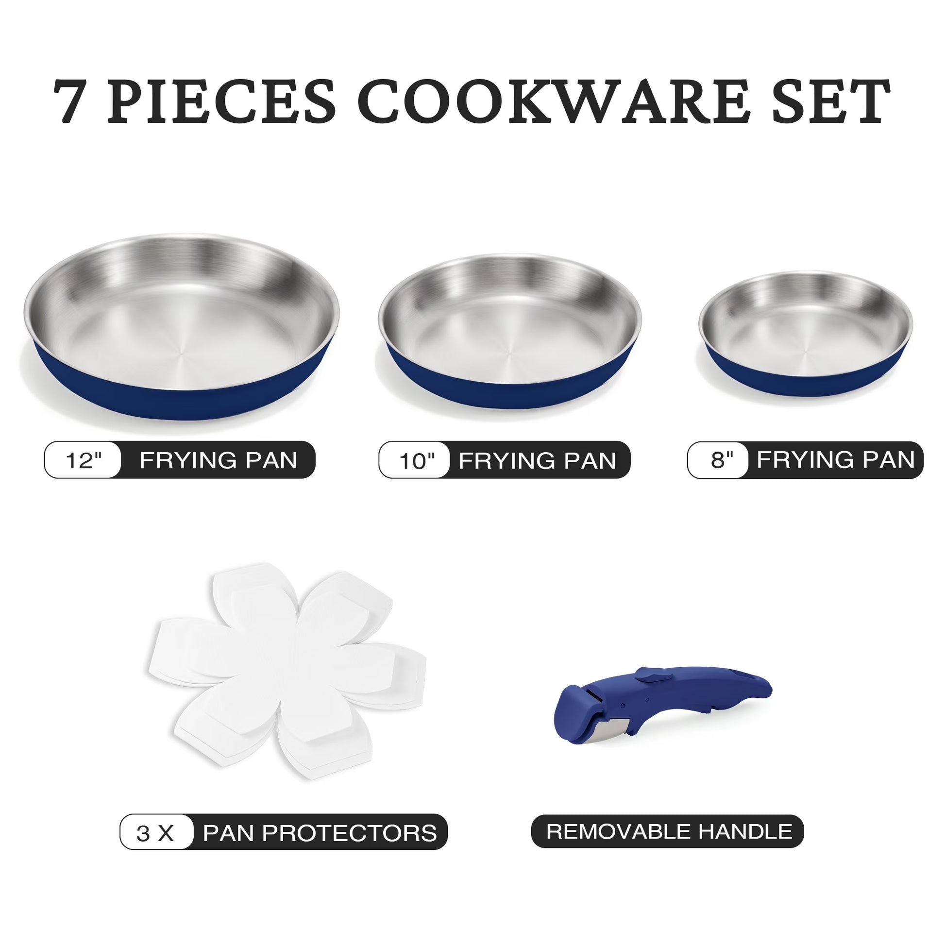 Non Toxic Stainless Steel Frying Pan Set (8",10",12"), Tri-Ply Nonstick Skillet Pans with Removable Handles, Dishwasher & Oven Safe, All Stovetops Compatible, Blue
