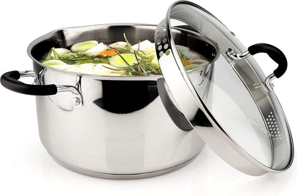 6 Quart Stainless Steel Stock Pot with Glass Strainer Lid