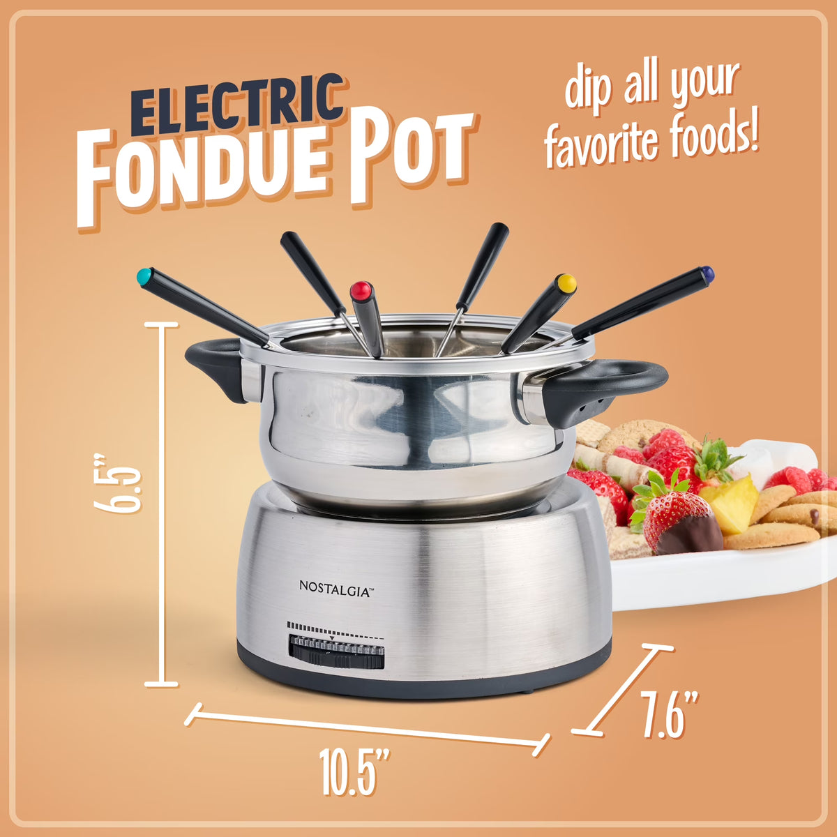 Stainless Steel Fondue Set, 6-Cup Electric Fondue Pot with Temperature Control