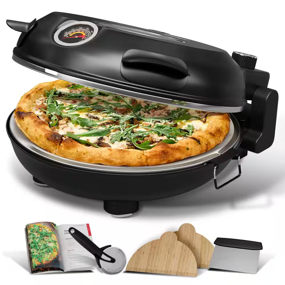 12 In. Black Countertop Indoor Grill Oven Electric Stone Pizza Oven Maker with 2 Pizza Peals, Scraper, Cutter, Cookbook