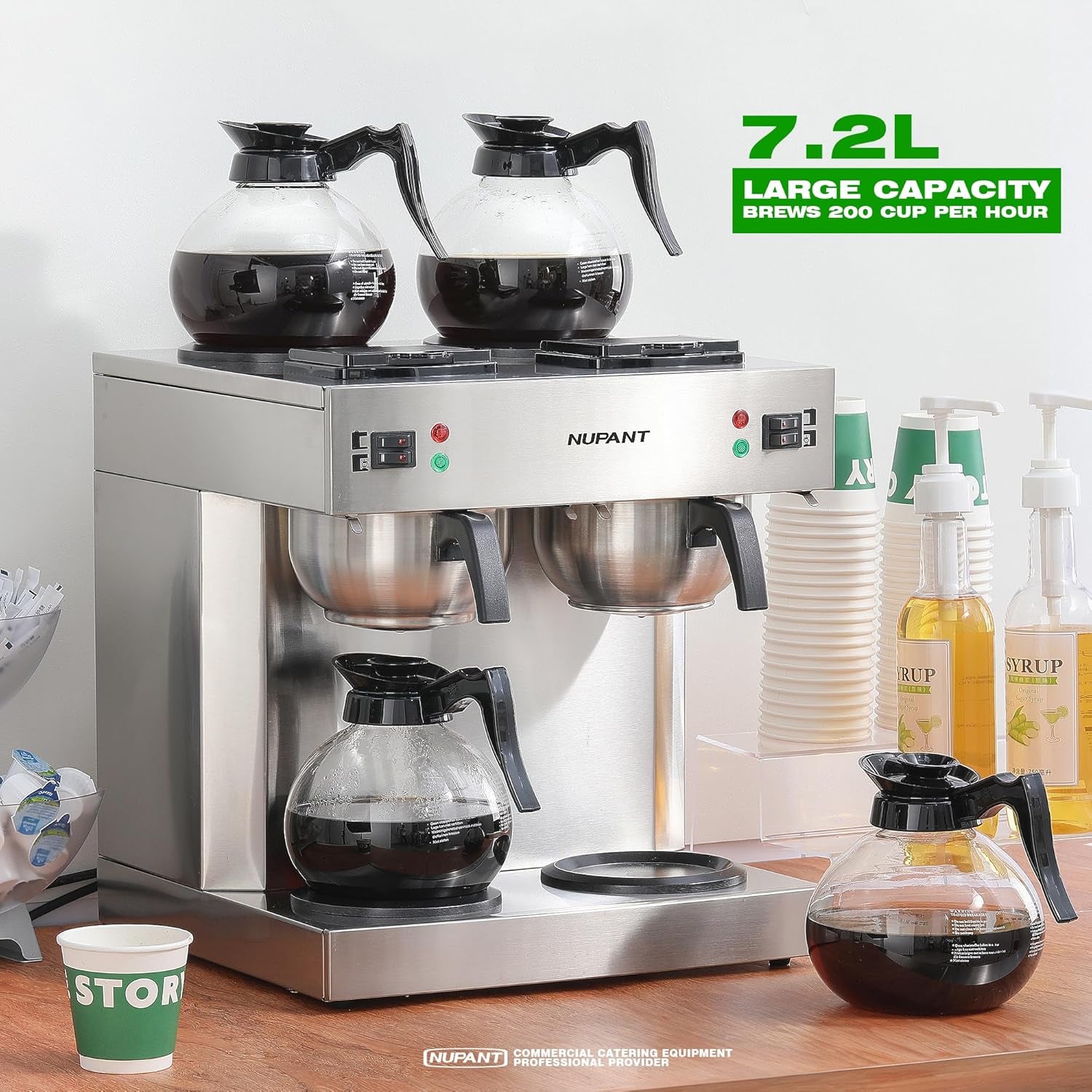 Dual Drip Commercial Coffee Maker, 200 Cup/Hour, 7.2L Pour over Coffee Machine with 4 Glass Carafe and 4 Warmers, Stainless Steel Double Coffee Brewer Staition for Restaurant and COFFEE Bar