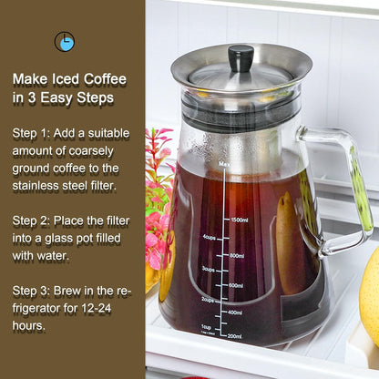 Airtight Cold Brew Coffee (Iced Tea) Maker 51Oz/1.5L, Bpa-Free, Durable Borosilicate Glass Pitcher and Stainless Steel Fine-Mesh Filter, Dishwasher Safe, Spill-Proof, 6 Cups Capacity