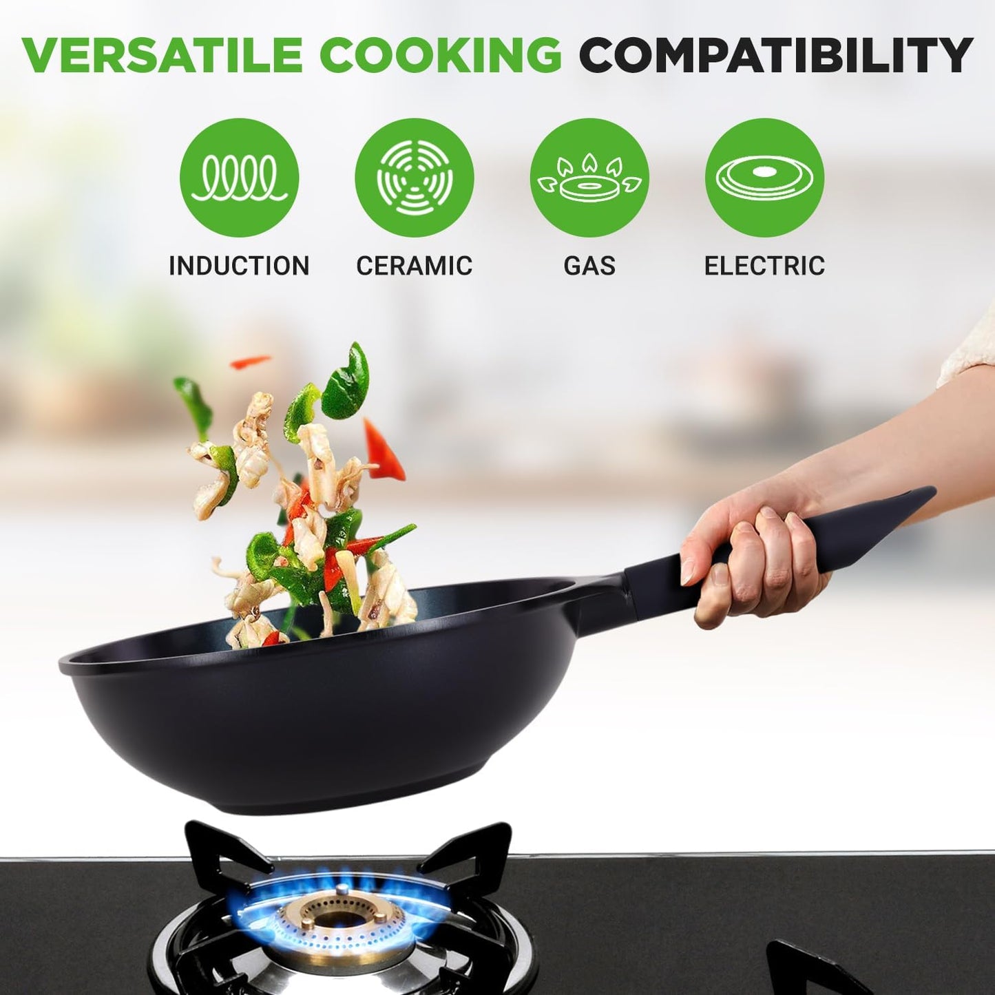 Non Stick Frying Pans Set, 5-Piece Blue Diamond Ceramic Cookware with Lid, Nonstick Frying Pan for Gas, Electric, Ceramic & Induction Cooktops, PTFE/PFOA Free, Bakelite Soft-Touch Handles