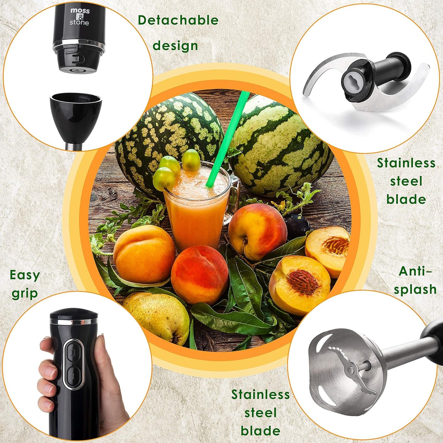 Electric Hand Blender Set, 300W Immersion Hand Blender with Whisk and Chopper, Stainless Steel Shaft and Blades, 2-Speed Handheld Mixer with Ergonomic Grip, Black