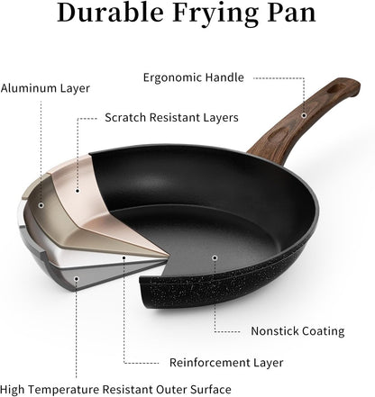 Frying Pan Set - 3 Pcs Nonstick Skillets with Lids, PFOA Free, Induction Compatible, Black