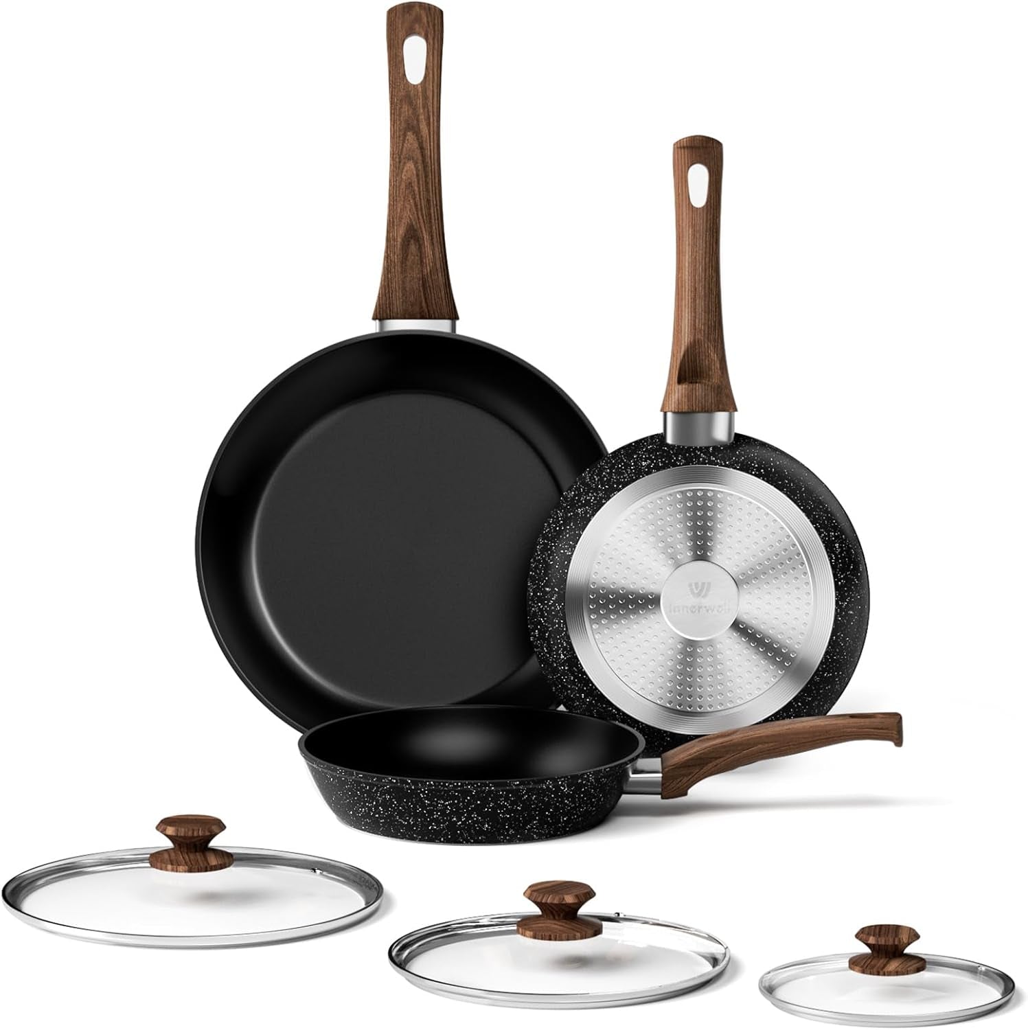 Frying Pan Set - 3 Pcs Nonstick Skillets with Lids, PFOA Free, Induction Compatible, Black