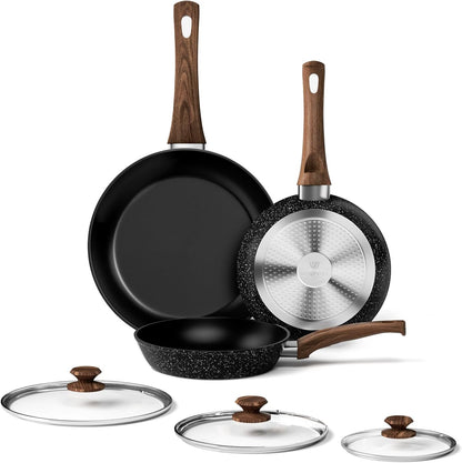 Frying Pan Set - 3 Pcs Nonstick Skillets with Lids, PFOA Free, Induction Compatible, Black