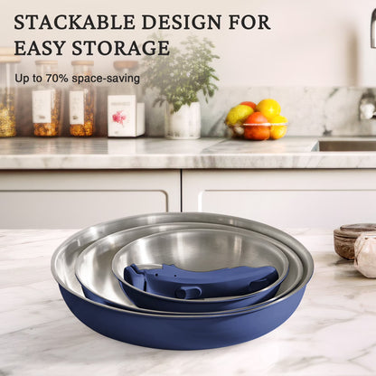 Non Toxic Stainless Steel Frying Pan Set (8",10",12"), Tri-Ply Nonstick Skillet Pans with Removable Handles, Dishwasher & Oven Safe, All Stovetops Compatible, Blue