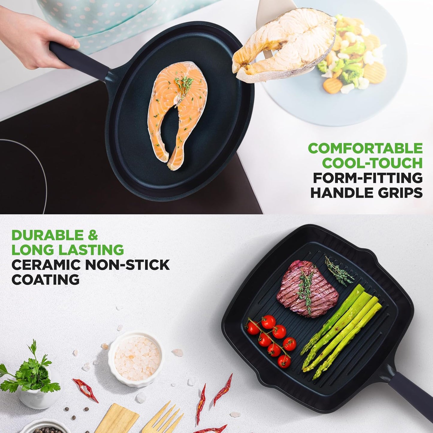 Non Stick Frying Pans Set, 5-Piece Blue Diamond Ceramic Cookware with Lid, Nonstick Frying Pan for Gas, Electric, Ceramic & Induction Cooktops, PTFE/PFOA Free, Bakelite Soft-Touch Handles
