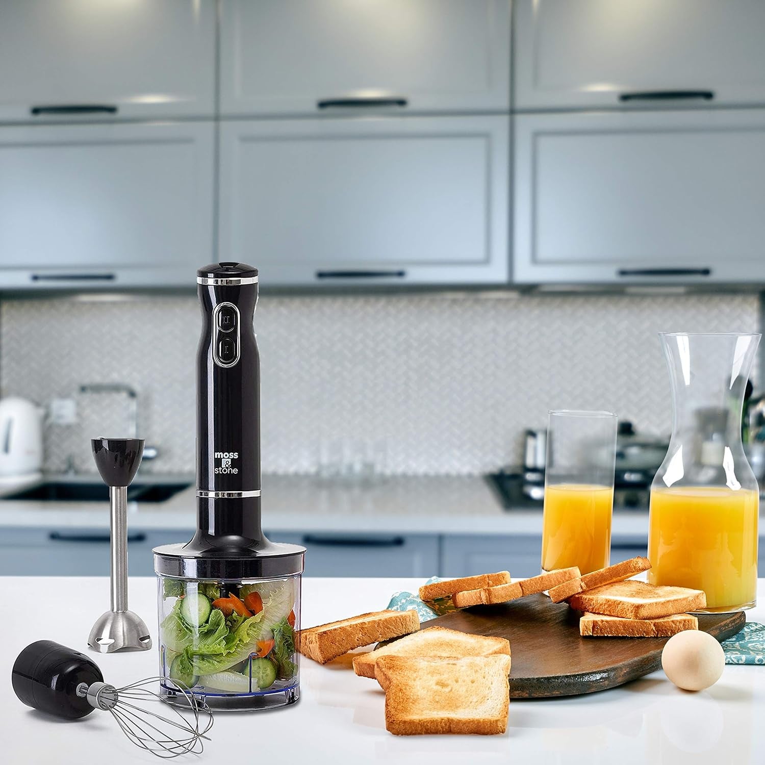 Electric Hand Blender Set, 300W Immersion Hand Blender with Whisk and Chopper, Stainless Steel Shaft and Blades, 2-Speed Handheld Mixer with Ergonomic Grip, Black
