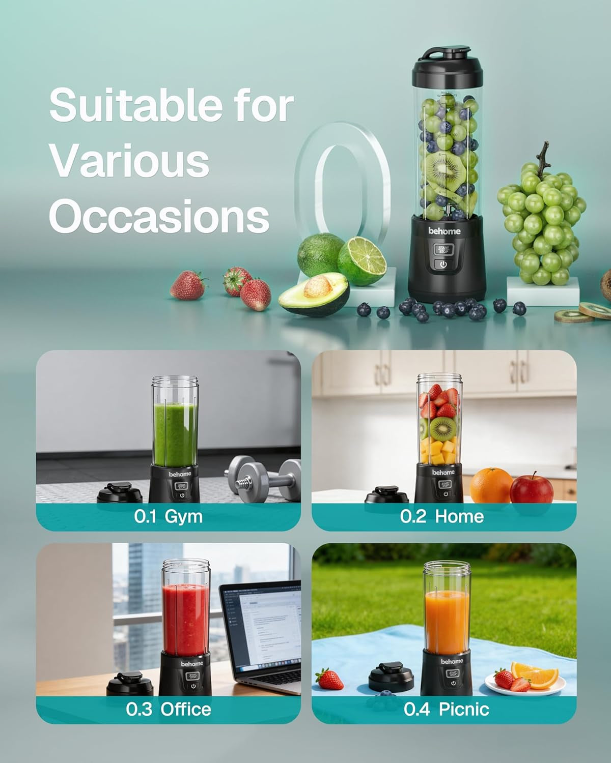 Portable Blender Smoothies and Shakes, Personal Juicer 14 OZ BPA Free Portable Cups, USB-C Rechargeable, Dishwasher Safe Parts - Mini Small Blenders Cup Fits Home, Office, Gym, Travel