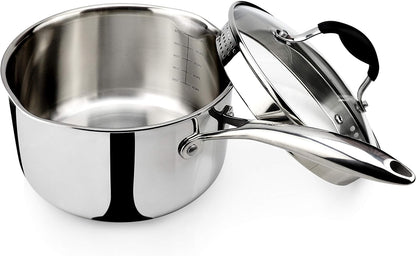 3.5 Quart Tri-Ply Stainless Steel Saucepan with Glass Strainer Lid