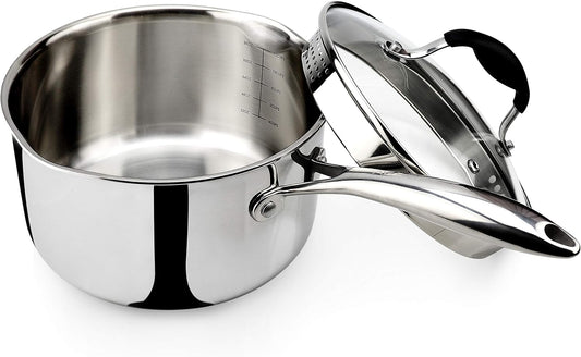 3.5 Quart Tri-Ply Stainless Steel Saucepan with Glass Strainer Lid