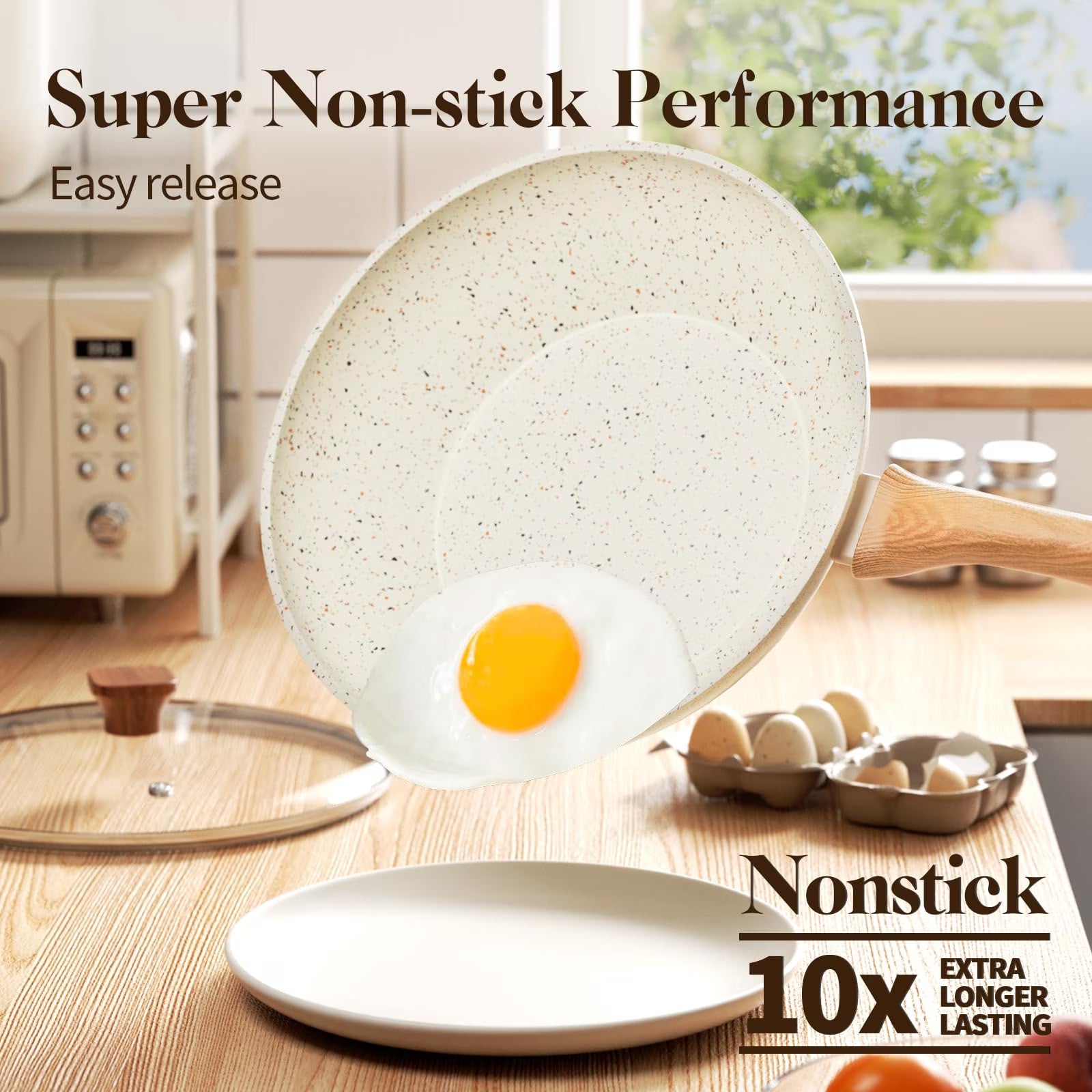 6 Pcs Nonstick Frying Pan Set White with Lids Granite Cookware Healthy Cookware Induction Skillet