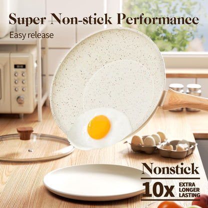 6 Pcs Nonstick Frying Pan Set White with Lids Granite Cookware Healthy Cookware Induction Skillet