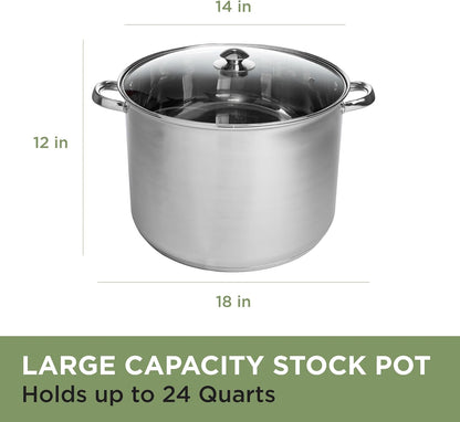 Stainless Steel Stock Pot, Encapsulated Induction Ready Cooking Pot with Glass Lid, Oven Safe, Dishwasher Safe Soup Pot, 24-Quart
