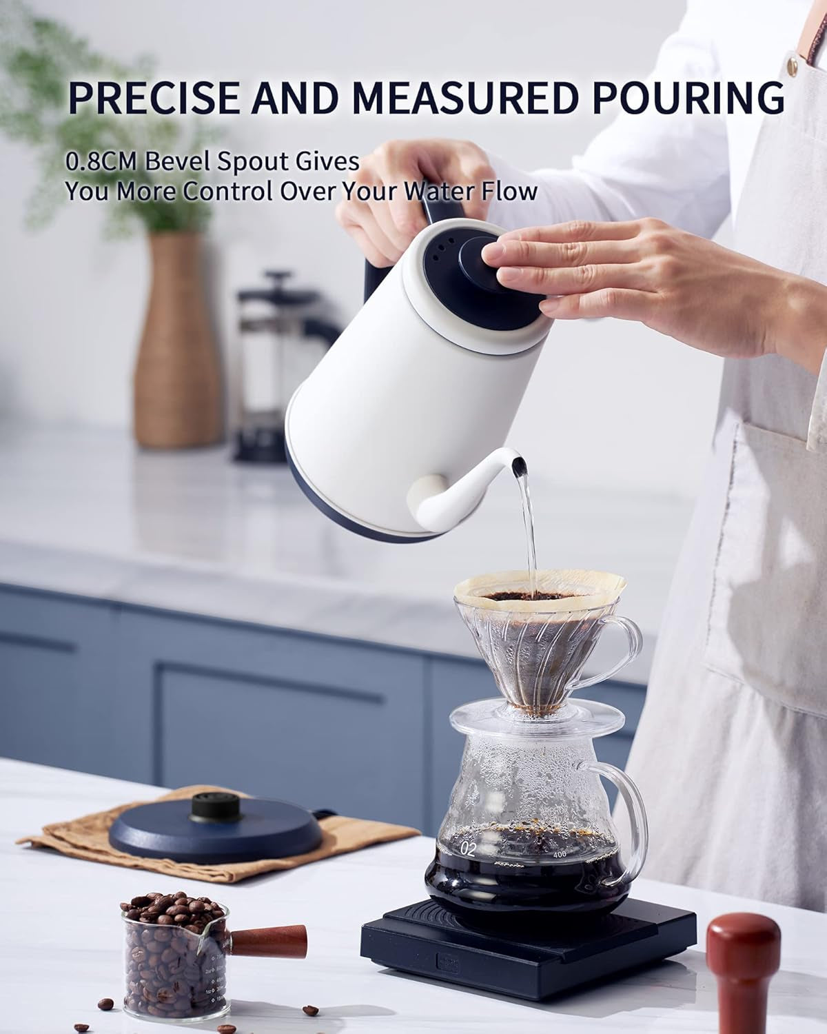 Gooseneck Electric Kettle(1.0L),1000W Electric Tea Kettle of 304 Stainless Steel,Auto Shut Off,Coffee Kettle for Pour over and Tea -White