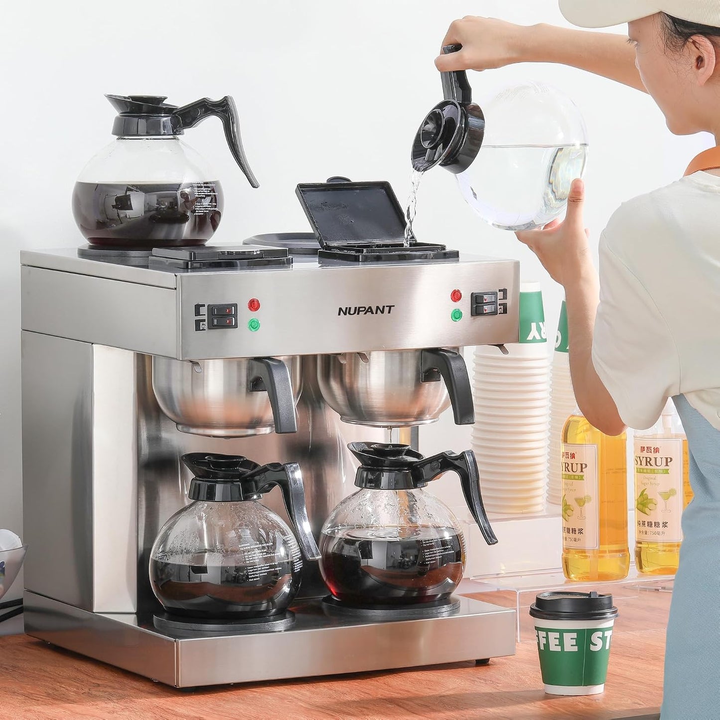Dual Drip Commercial Coffee Maker, 200 Cup/Hour, 7.2L Pour over Coffee Machine with 4 Glass Carafe and 4 Warmers, Stainless Steel Double Coffee Brewer Staition for Restaurant and COFFEE Bar
