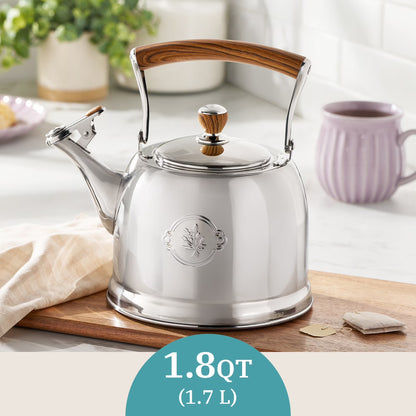 1.8 Qt Stainless Steel Stovetop Whistling Tea Kettle Pot with Folding Handle, Silver