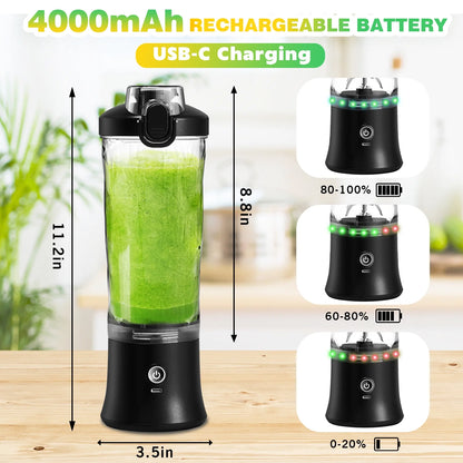 Portable Blender Personal Juicer for Shakes and Smoothies - 20 OZ Electric Protein Shaker Bottle with Insulated Sleeve, Travel Lid, USB-C Rechargeable - Mini Small Blender Cup for Kitchen,Office,Gym