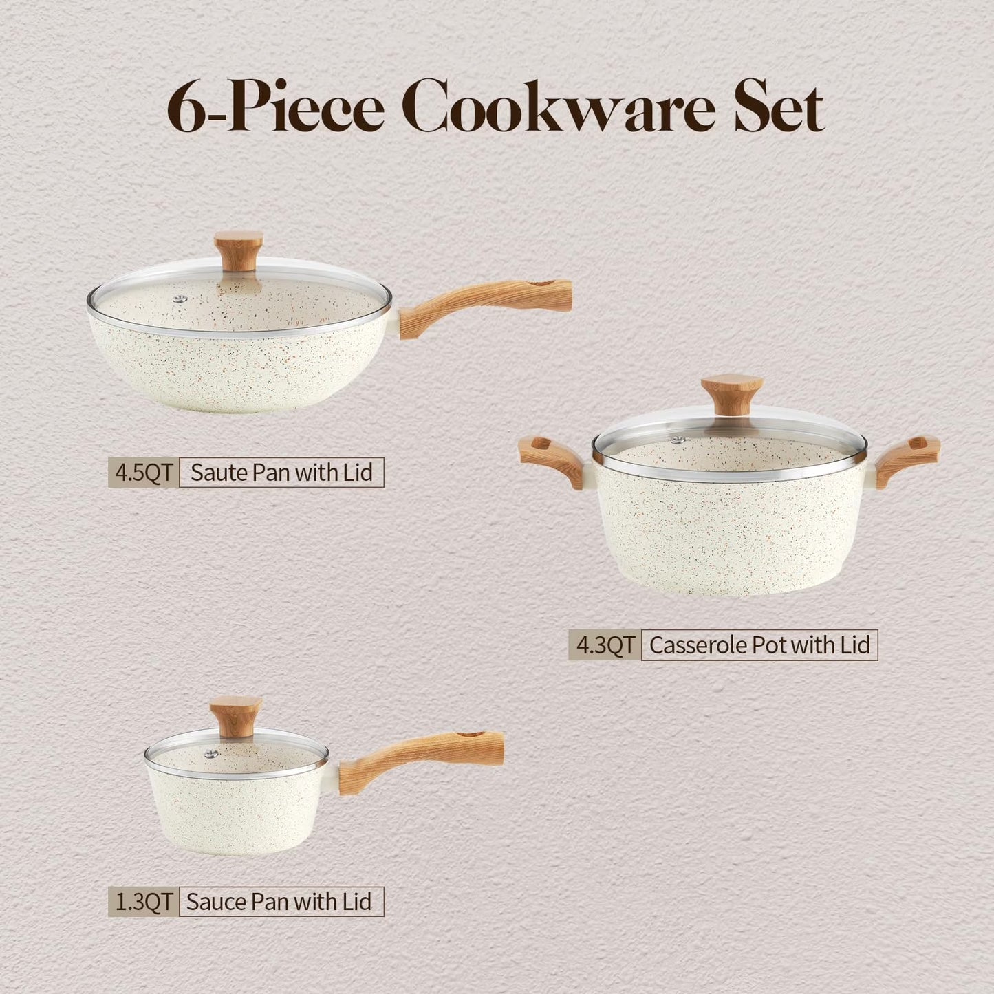 6 Pcs Nonstick Frying Pan Set White with Lids Granite Cookware Healthy Cookware Induction Skillet