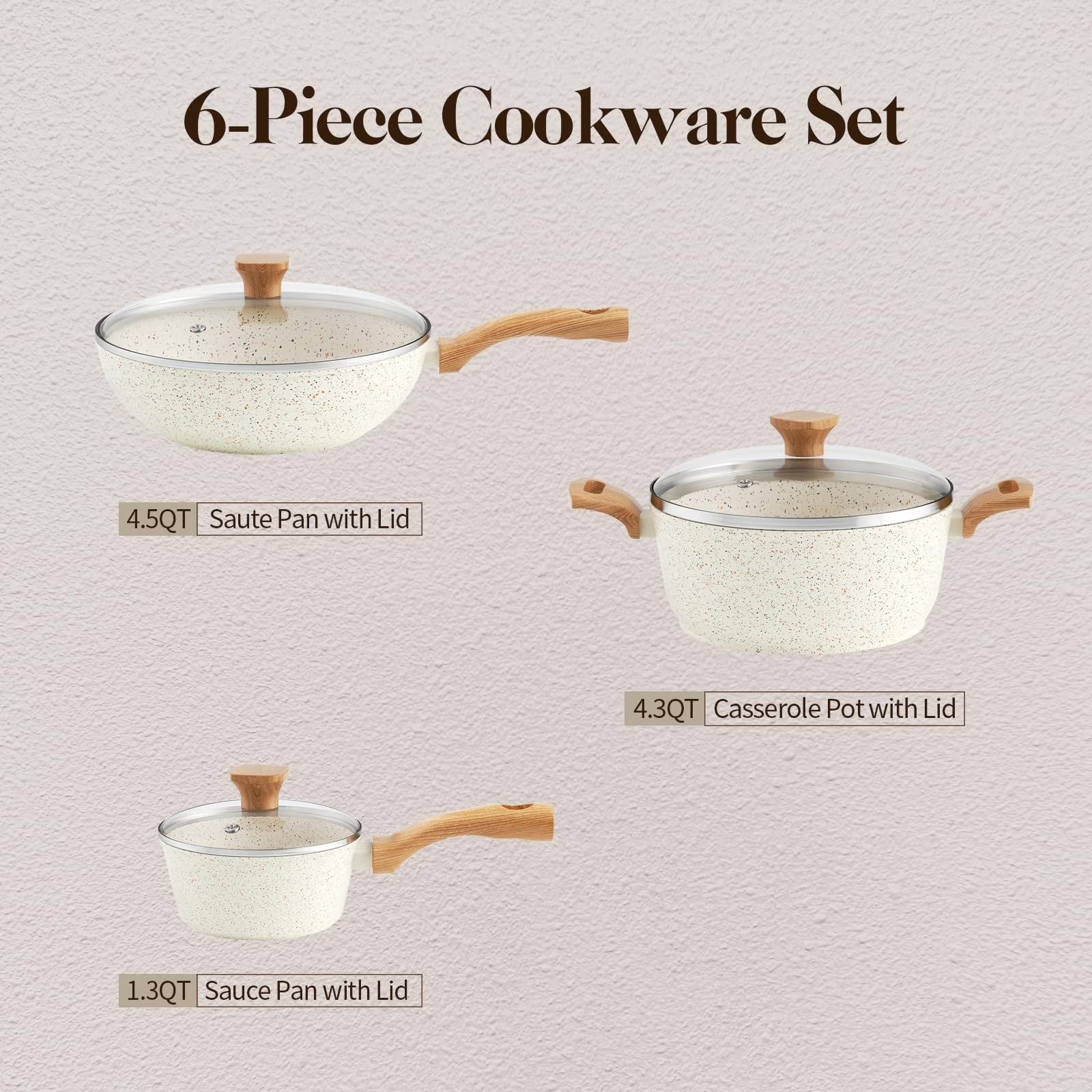 6 Pcs Nonstick Frying Pan Set White with Lids Granite Cookware Healthy Cookware Induction Skillet