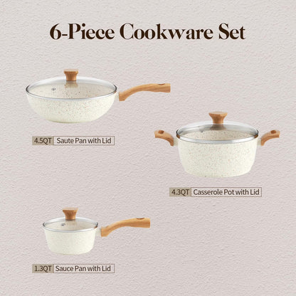 6 Pcs Nonstick Frying Pan Set White with Lids Granite Cookware Healthy Cookware Induction Skillet