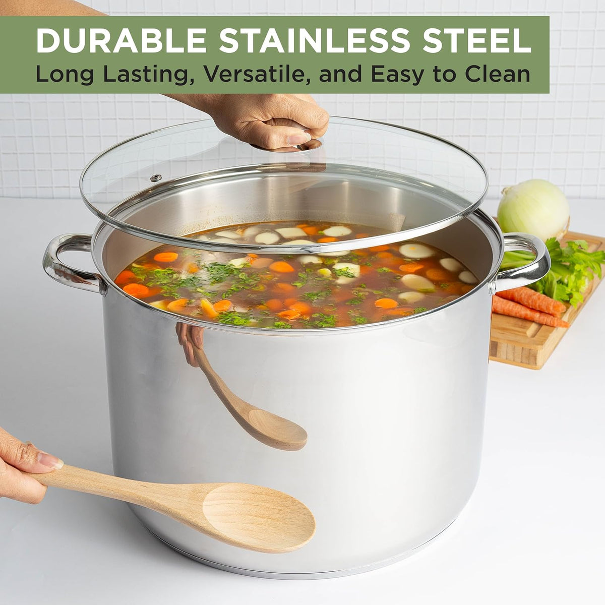 Stainless Steel Stock Pot, Encapsulated Induction Ready Cooking Pot with Glass Lid, Oven Safe, Dishwasher Safe Soup Pot, 24-Quart