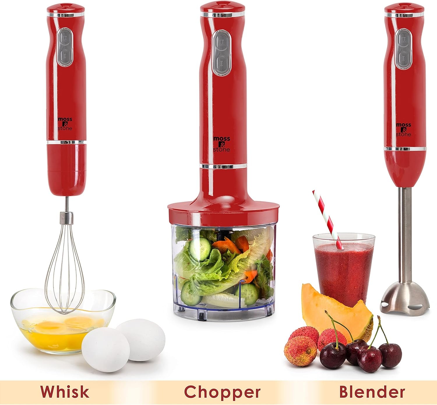 Electric Hand Blender Set, 300W Immersion Hand Blender with Whisk and Chopper, Stainless Steel Shaft and Blades, 2-Speed Handheld Mixer with Ergonomic Grip, Red