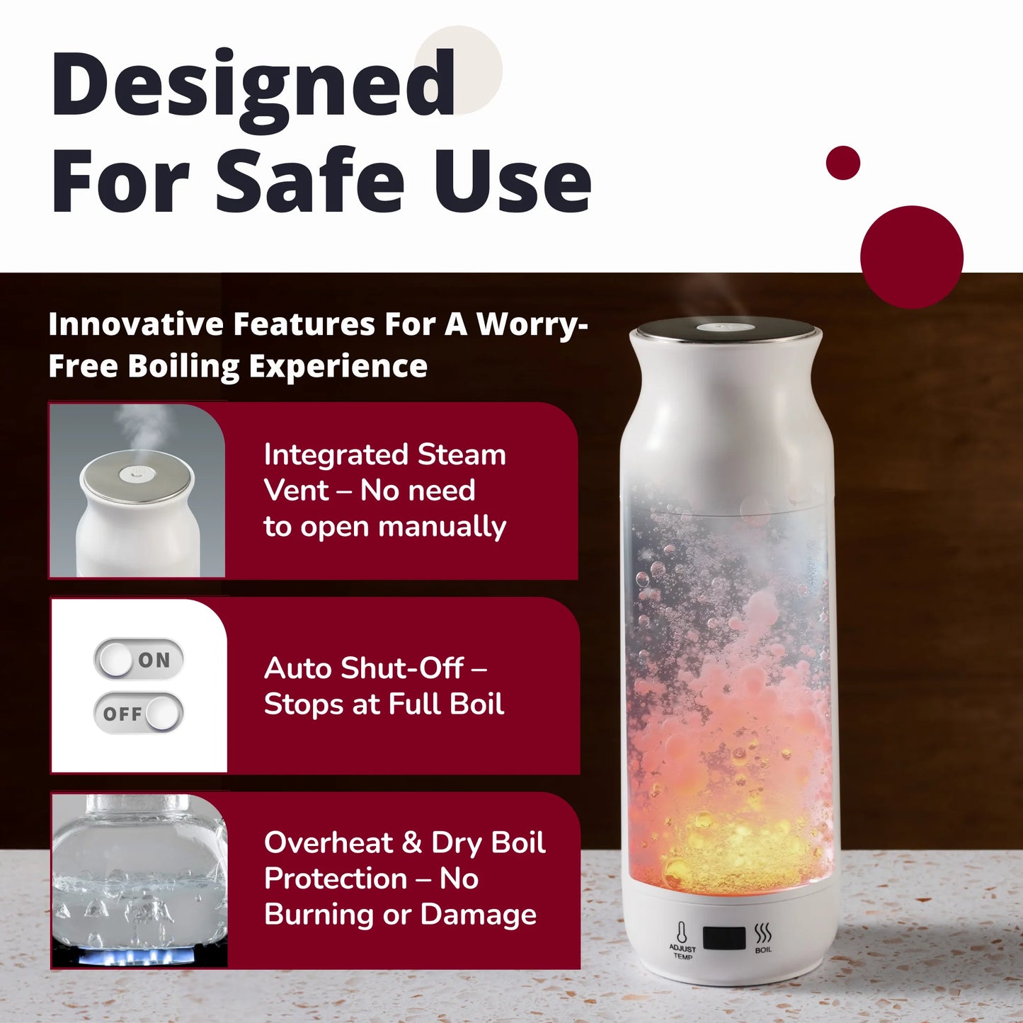 Travel Electric Kettle 450Ml - Portable Bottle-Style Water Heater with Temperature Control & Auto Shut-Off - Stainless Steel for Tea, Coffee & Soup - White