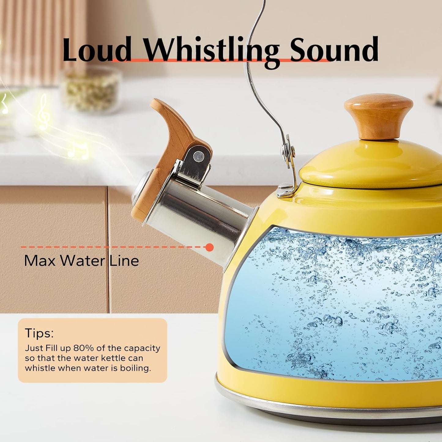 Tea Kettle, Tea Pot with Cool Touch Ergonomic Handle, Teapot Food Grade Stainless Steel, Tea Kettle Stovetop, Kettle Teapot, Whistling Tea Kettle, Small Tea Kettles, 1.6 Quart (Yellow)