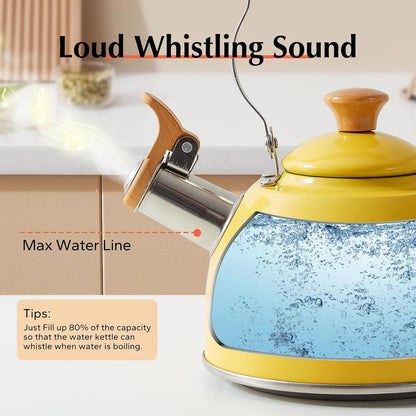Tea Kettle, Tea Pot with Cool Touch Ergonomic Handle, Teapot Food Grade Stainless Steel, Tea Kettle Stovetop, Kettle Teapot, Whistling Tea Kettle, Small Tea Kettles, 1.6 Quart (Yellow)