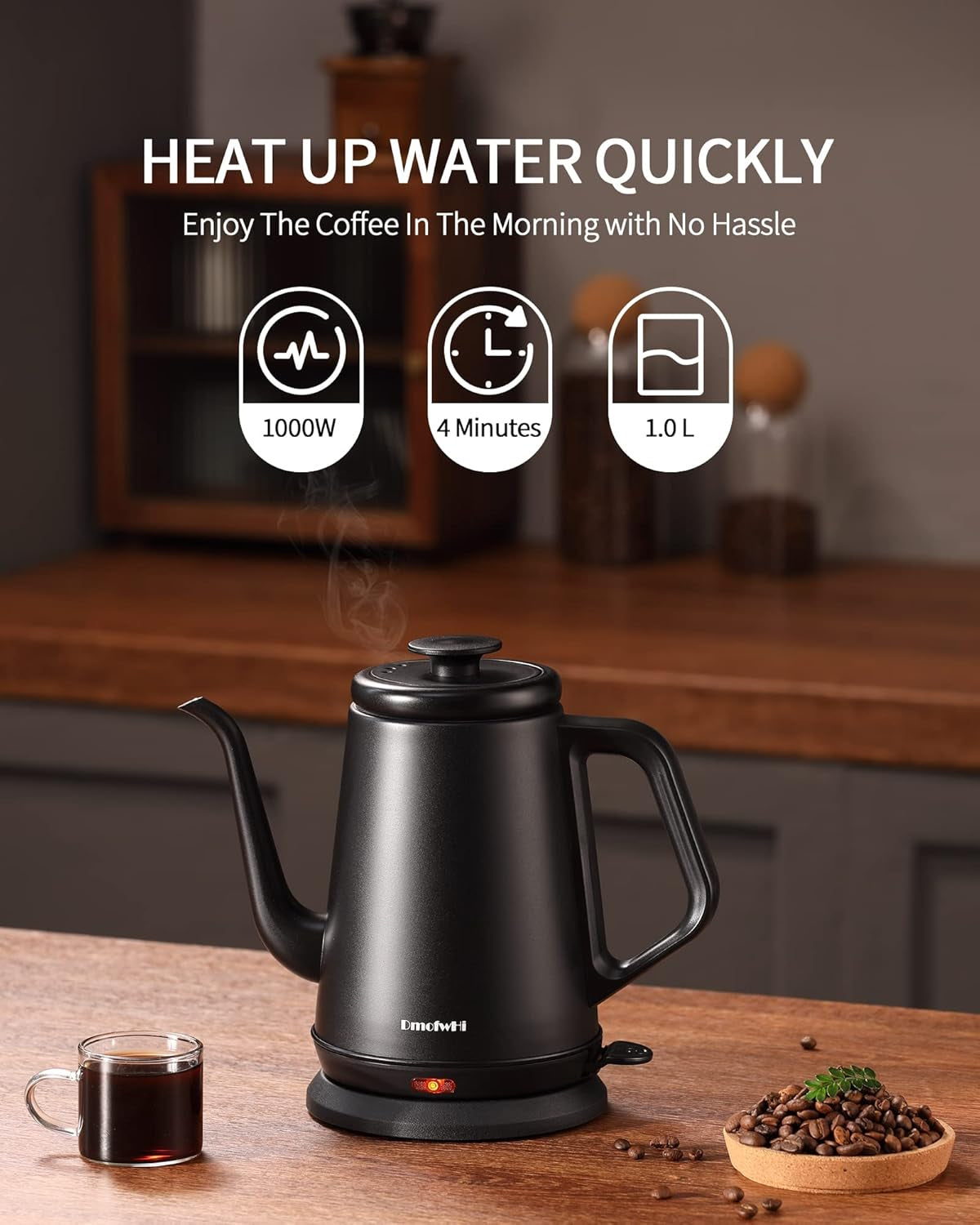 Gooseneck Electric Kettle(1.0L),1000W Electric Tea Kettle of 304 Stainless Steel,Auto Shut Off,Water Kettle for Coffee and Tea -Matte Black
