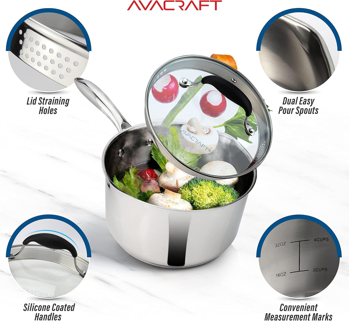 1.5 Quart Stainless Steel Saucepan with Glass Strainer Lid