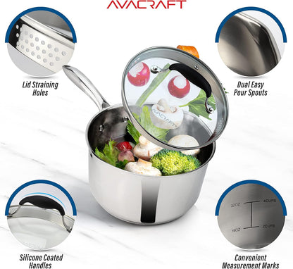1.5 Quart Stainless Steel Saucepan with Glass Strainer Lid